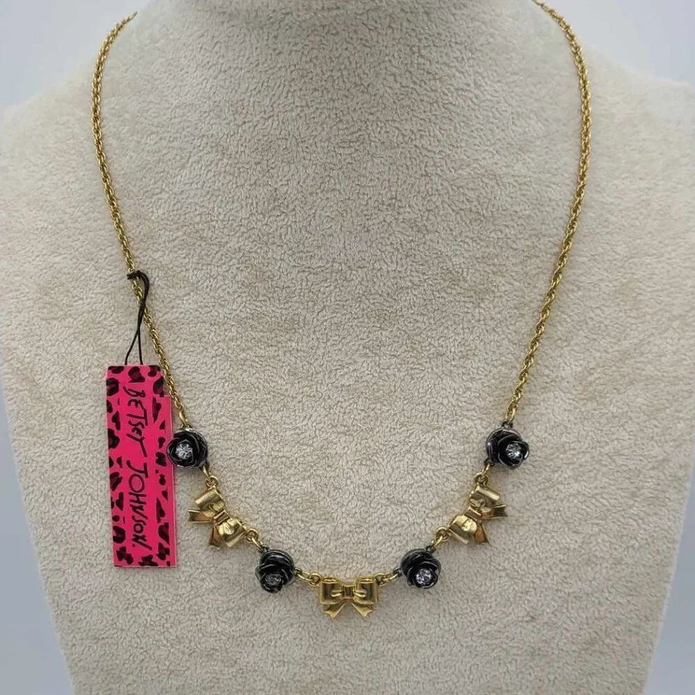 Betsey Johnson Black Rose Gold Tone Bow Delicate Necklace NWT!
